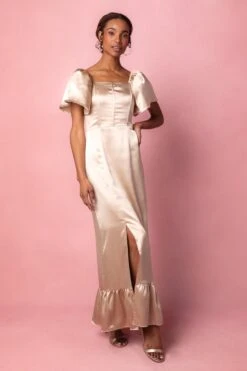 Maddie Dress In Champagne Satin -CINZ Clothing Shop MaddieChampagne1 507728