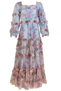 Catherine Dress In Blue Floral -CINZ Clothing Shop catherine blue front 109352